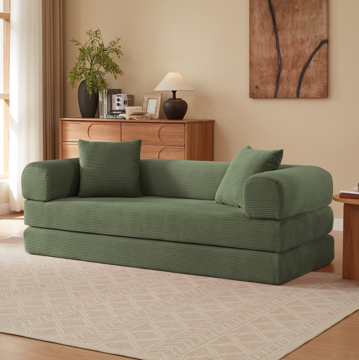 FloraGrace Slaapbank 195 Cm - Uitklapbaar Tot Eenpersoonsbed Met Zachte Velours Bekleding - Voor Woonkamer Of Slaapkamer - Schuim - Groen