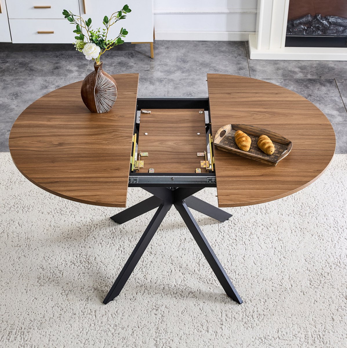 MIVRAY Eettafel - Uitschuifbare Ronde Tafel Naar Ovale Vorm Voor 4 Tot 6 Personen - Modern Walnootlook Met Zwart Metaal - 137x107x76 Cm Black