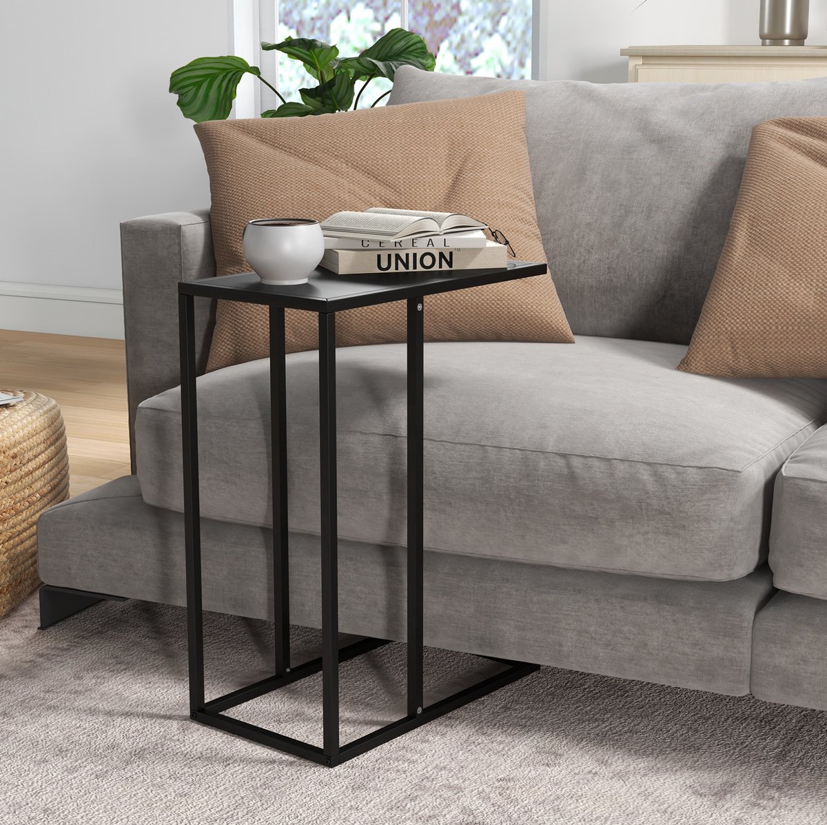 MEUNIQ bijzettafel C-vorm 46 x 26 x 60 cm met stalen frame, laptoptisch en bedtafel voor woonkamer, slaapkamer of kantoor, zwart