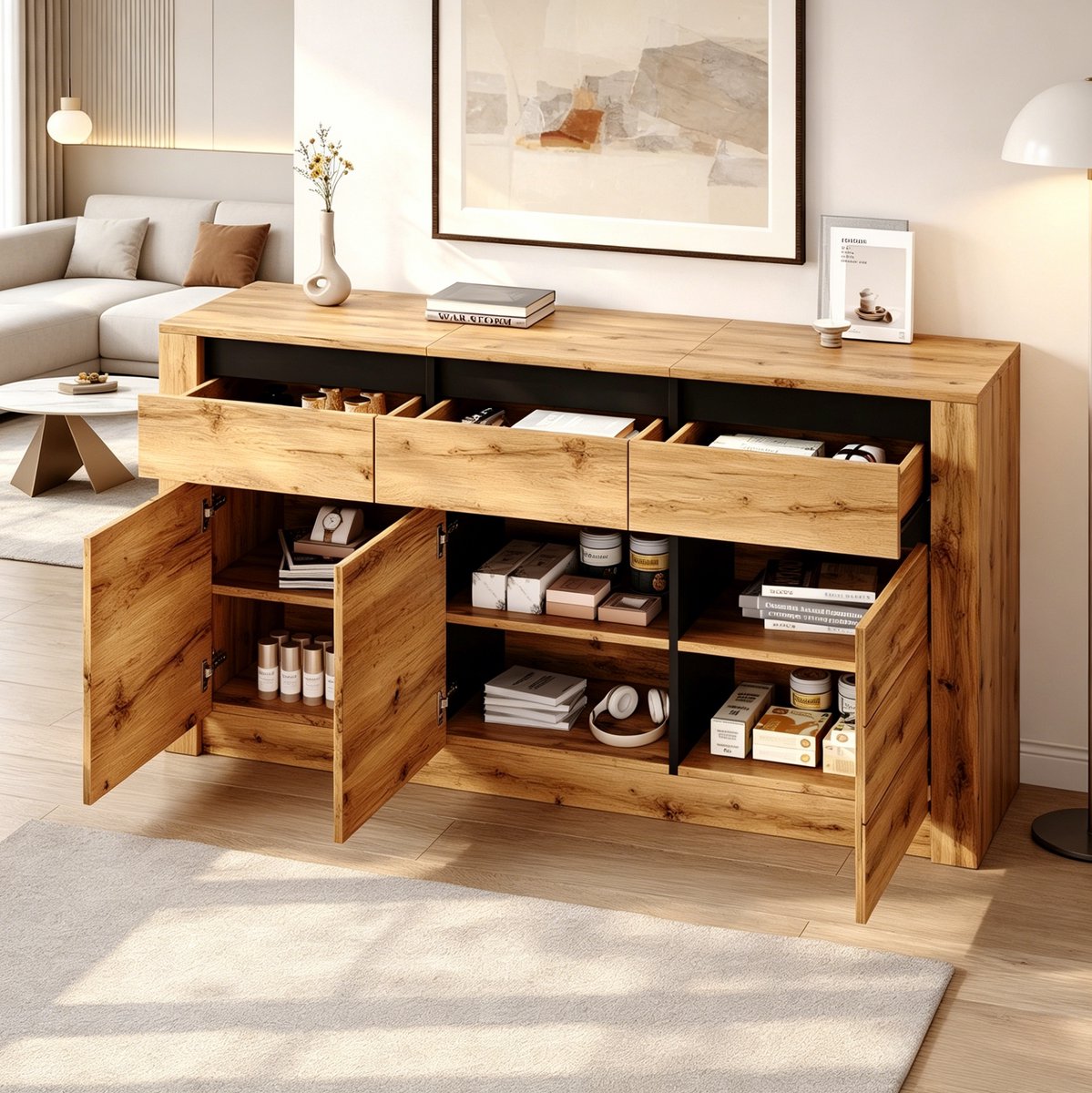 MIVRAY Dressoir - Golvende Houtlook Met 3 Lades En 3 Deuren - Voor Woonkamer Hal Of Eetkamer - Spaanplaat Naturel - 135x35x70 Cm