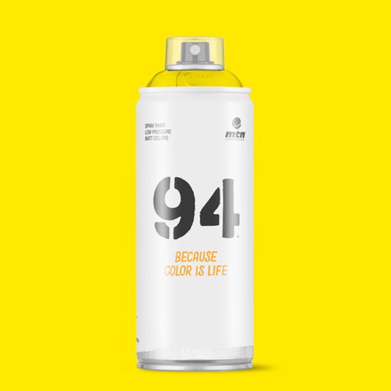 Aérosol avec bouchon jaune clair sur fond jaune avec le texte 'MTN 94 Spray Paint Low Pressure Matt Colors'.