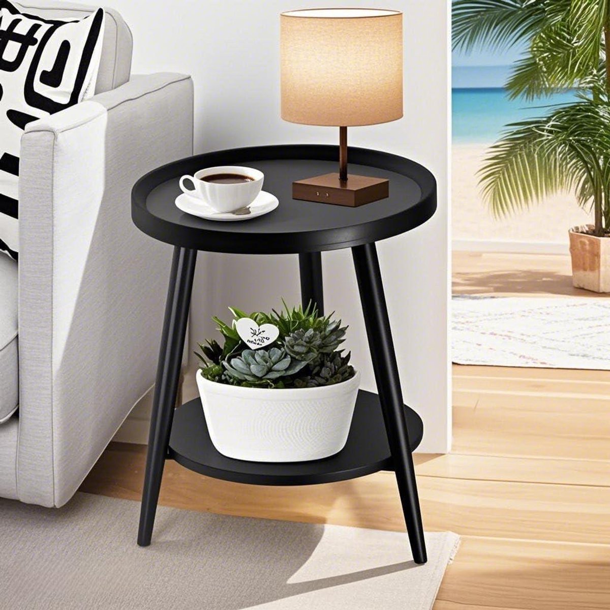 Kleine bijzettafel - Ronde tafel - Decoratief meubel - Veilig tray design - 40 x 40 x 47 cm - Zwart