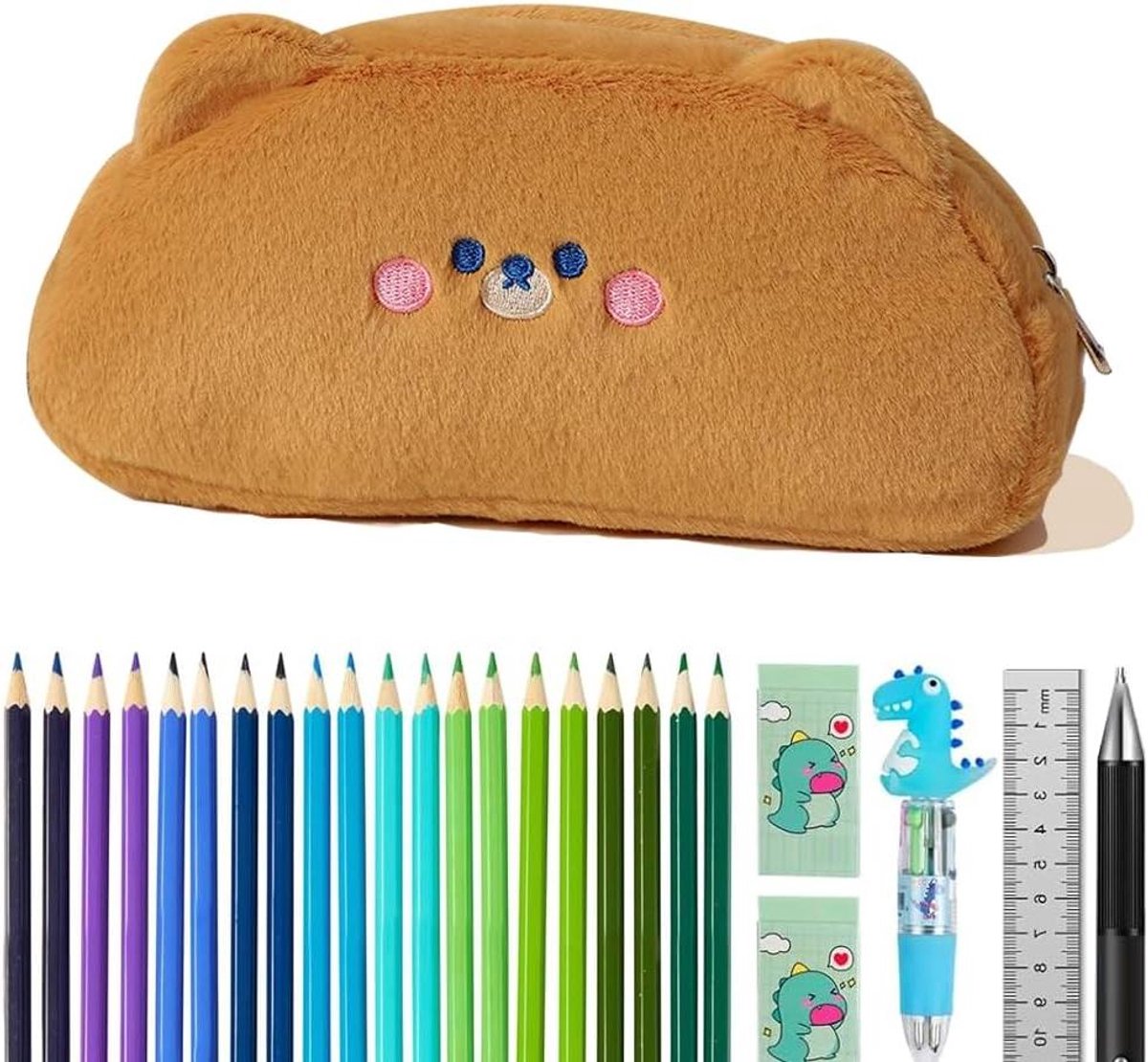 Etui Beer - Pennendoos Pluche - Schoolbenodigdheden Opbergen - Grote Capaciteit - 22 x 9 x 5 cm - Bruin