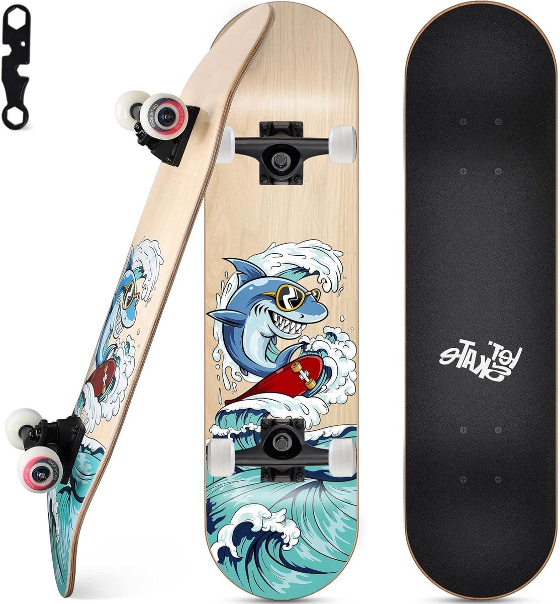 Compleet Skateboard Beginnersboard Trickboard Straat Tricks 7 Lagen Esdoorn 79 cm Lengte Haai Design