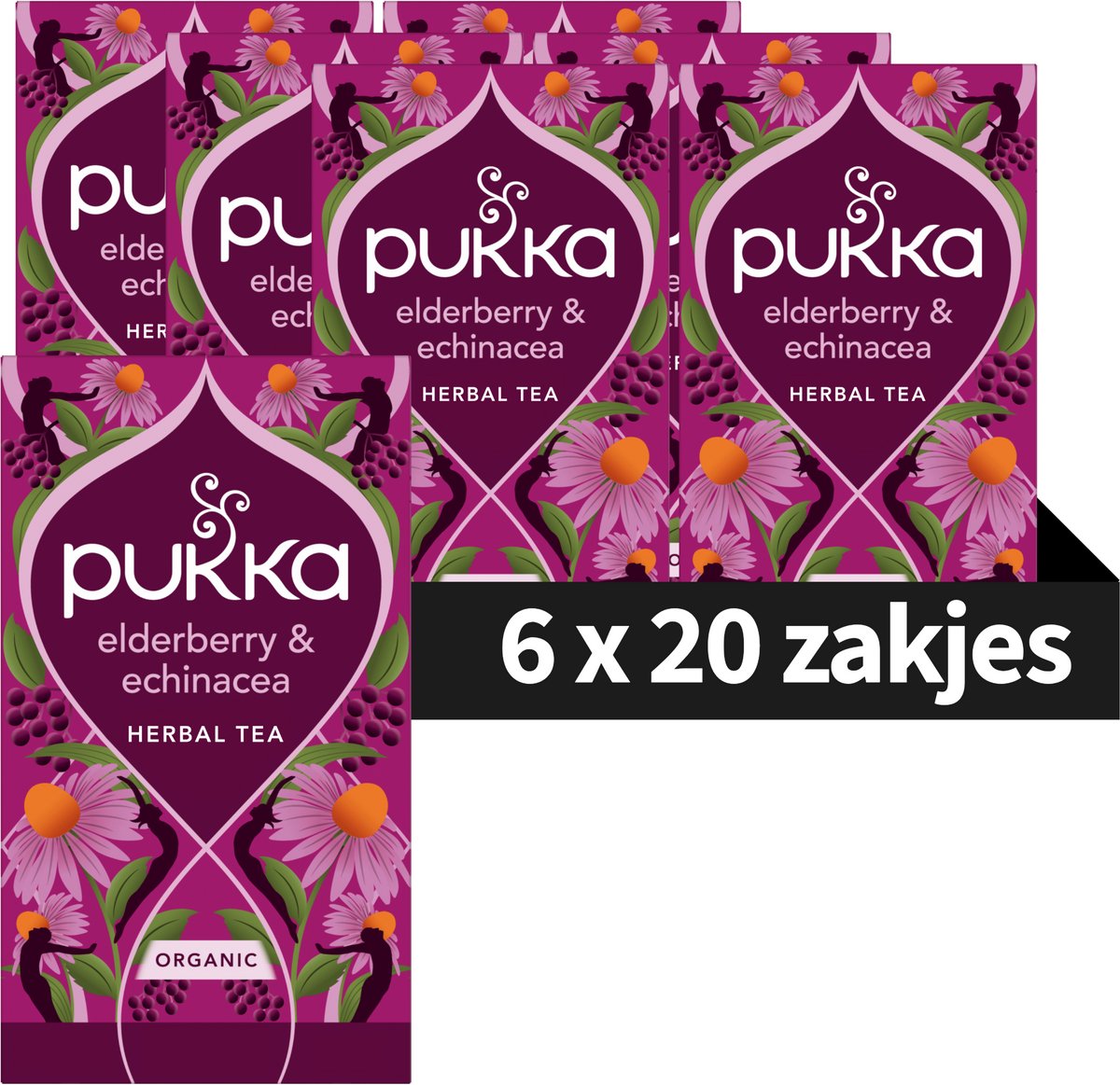 Pukka Tea Elderberry & Echinacea - 120 Theezakjes - Biologische Kruidenthee - Vlierbes, Echinacea & Vlierbloesem - 6 x 20 zakjes - Thee Voordeelverpakking