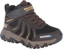 Bruine waterdichte mid-top wandelschoen met zwarte mesh, gele details en een klittenband.