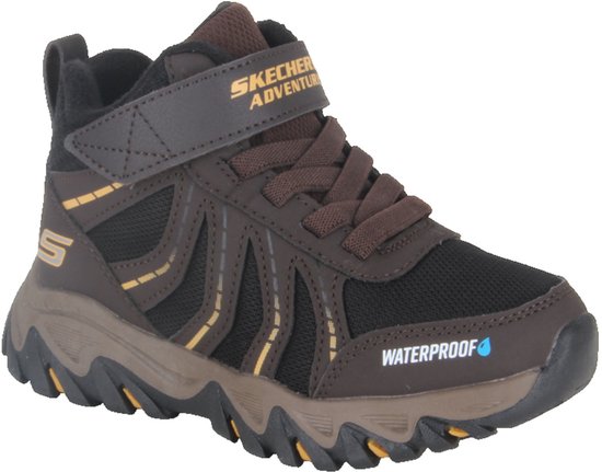 Bruine waterdichte mid-top wandelschoen met zwarte mesh, gele details en een klittenband.