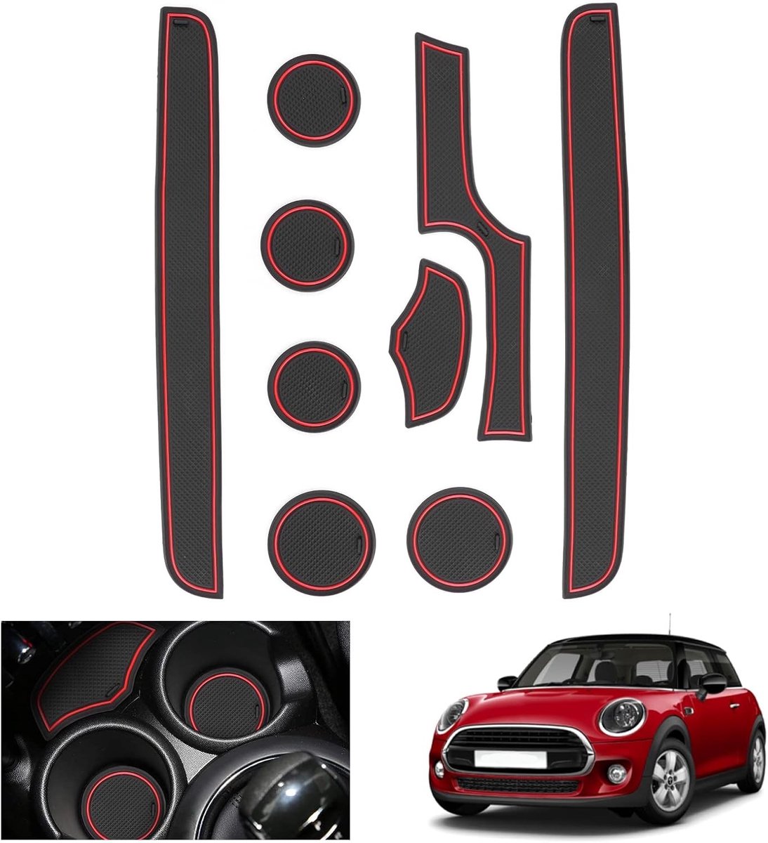 Non-slip rubber matten voor Mini Cooper F56 (2-deurs) 2015-2023, inclusief console en deur naad accessoires, rood