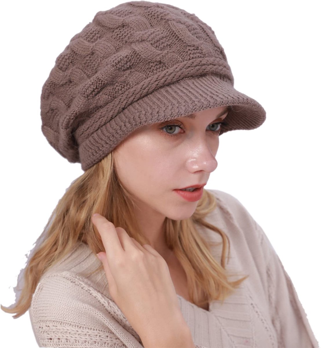 Wollen muts warme barkmuts geribbelde pet dames wintermuts beanie paraplu viosr beanie, kaki, 58 cm