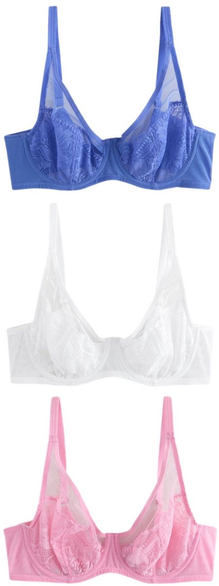 Next Dames - Set van 3 DD+ beha's met kant zonder vulling met volledige cups - Blauw Blue/Pink/White