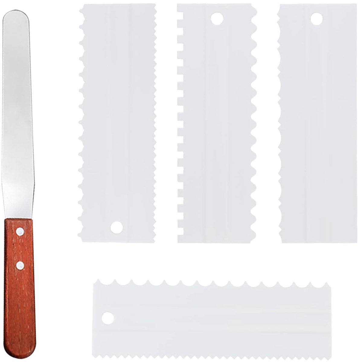 5 stuks kunststof taartschraper + roestvrije roomspatel, zilver, roomspatel, wit, taartstijltang voor keuken, gebak, pizza, brood, cake.
