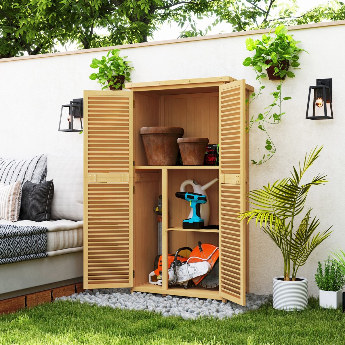 MEUNIQ tuinkast van hout 87 x 46,5 x 160 cm met lamellendeuren, 2 deuren, 2 schappen en asfaltdak, gereedschapskast voor tuin, geel