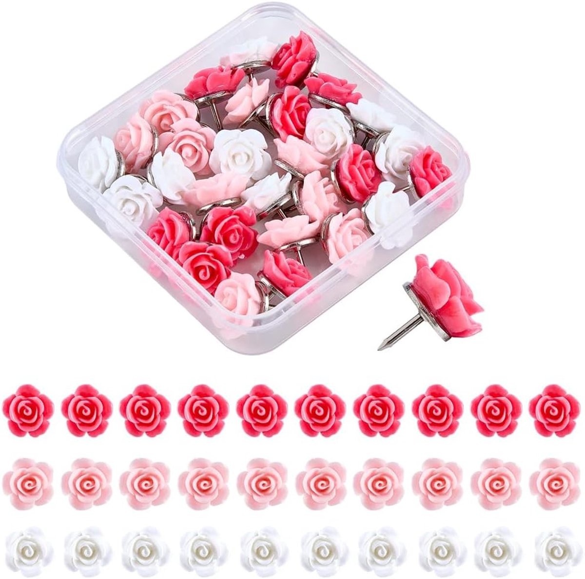 1 Doos met 3 Rozenpunaises in 30 Kleuren, Bloemenpatroon voor Foto's en Decoratie, Perfect voor Valentijnsdag en Kantooraccessoires