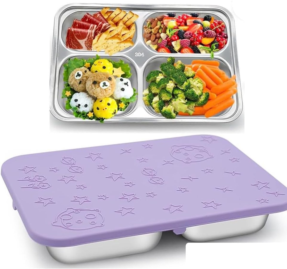 Bento Box voor Kinderen, RVS Lunchdoos met 4 Compartimenten, Ideaal voor School en Peuters, Duurzaam en Leuk voor Gezonde Maaltijden