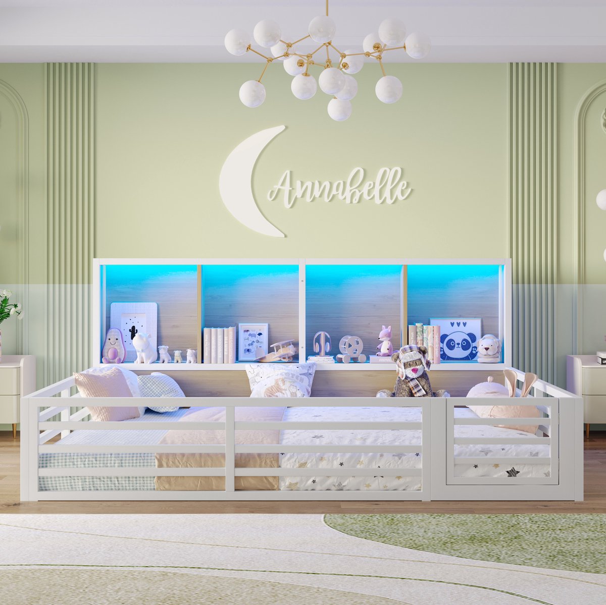 MEUNIQ bed 140x200 cm met lattenbodem, uitvalbeveiliging, opbergvakken en LED-verlichting, normaal bed voor slaapkamer of kinderkamer, wit
