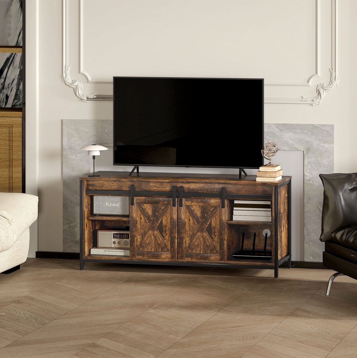 MEUNIQ TV-meubel lowboard 120 x 40 x 54 cm met 2 schuifdeuren, 6 vakken, kabeldoorvoer en zwart metalen frame, voor tv tot 60 inch, woonkamer, bruin