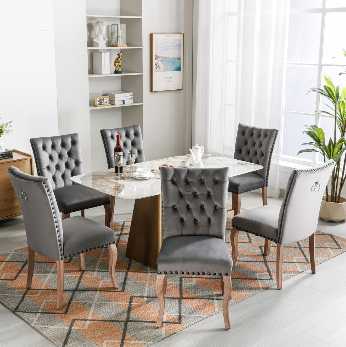 DESMIU Eetkamerstoel - Set Van 6 - Met Fluwelen Bekleding, Houten Poten En Ring Op Rugleuning - Voor Eetkamer En Woonkamer - Grijs