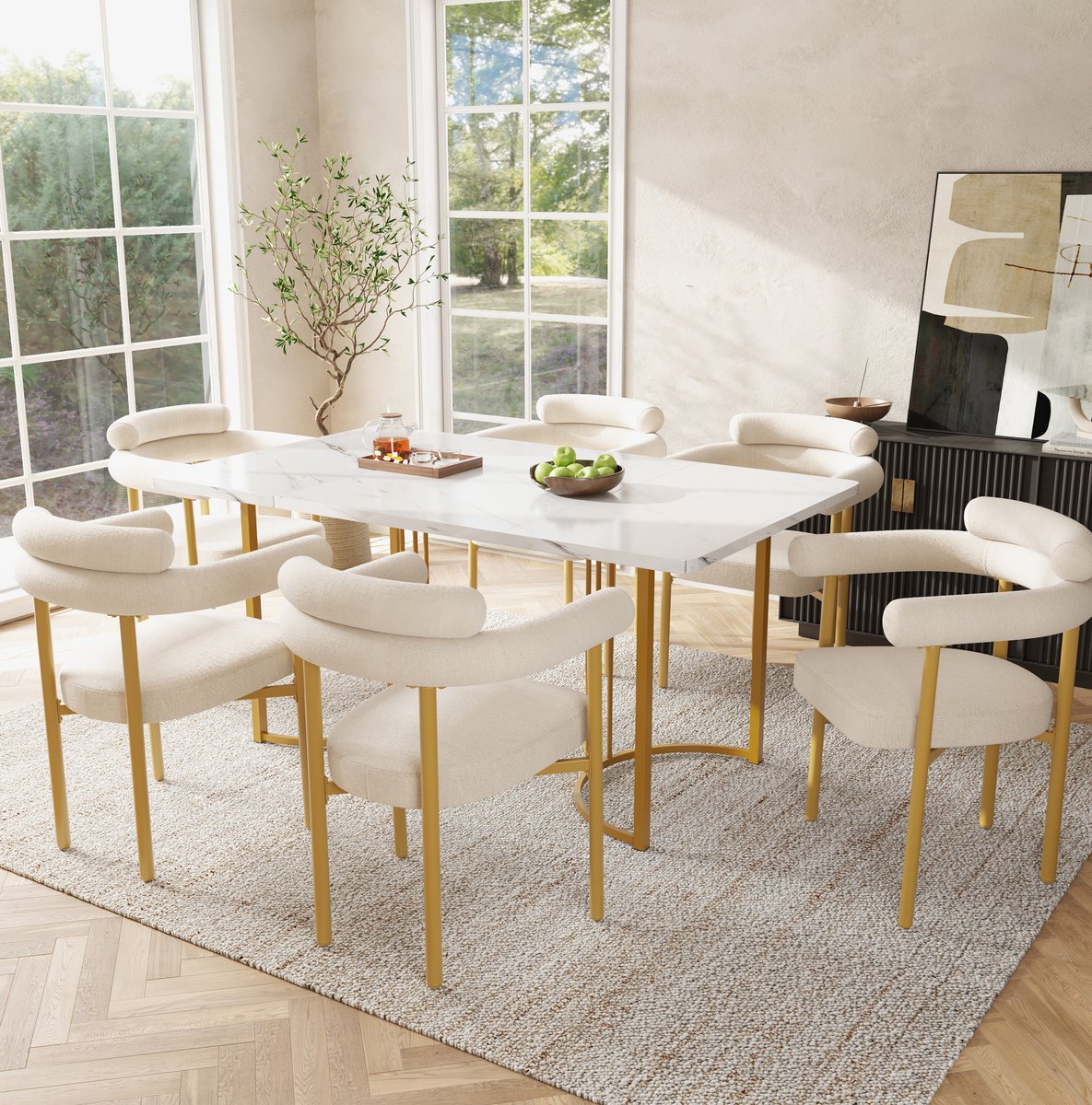 DESMIU Eetkamerstoel - 70 x 62 x 85 cm - Set Van 6 Met Armleuningen En Comfortabele Stoffen Zitting - Voor Eetkamer En Werkkamer - Beige Goud