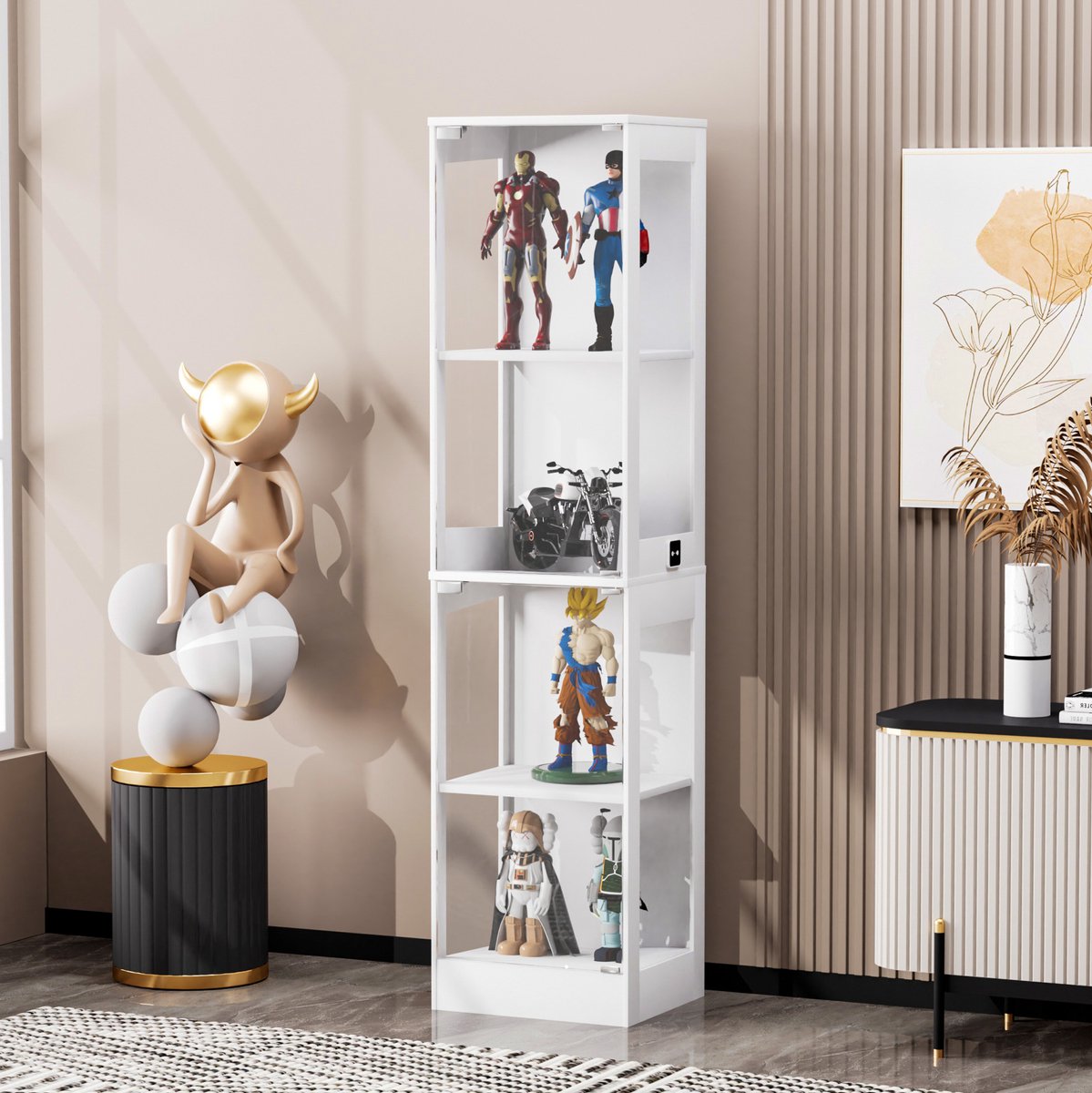 MIVRAY Vitrinekast - Vierlaagse Glasvitrine Met LED-Verlichting En Bewegingssensor - Voor Woonkamer En Slaapkamer - MDF En Glas - 40x35x165 Cm - Wit