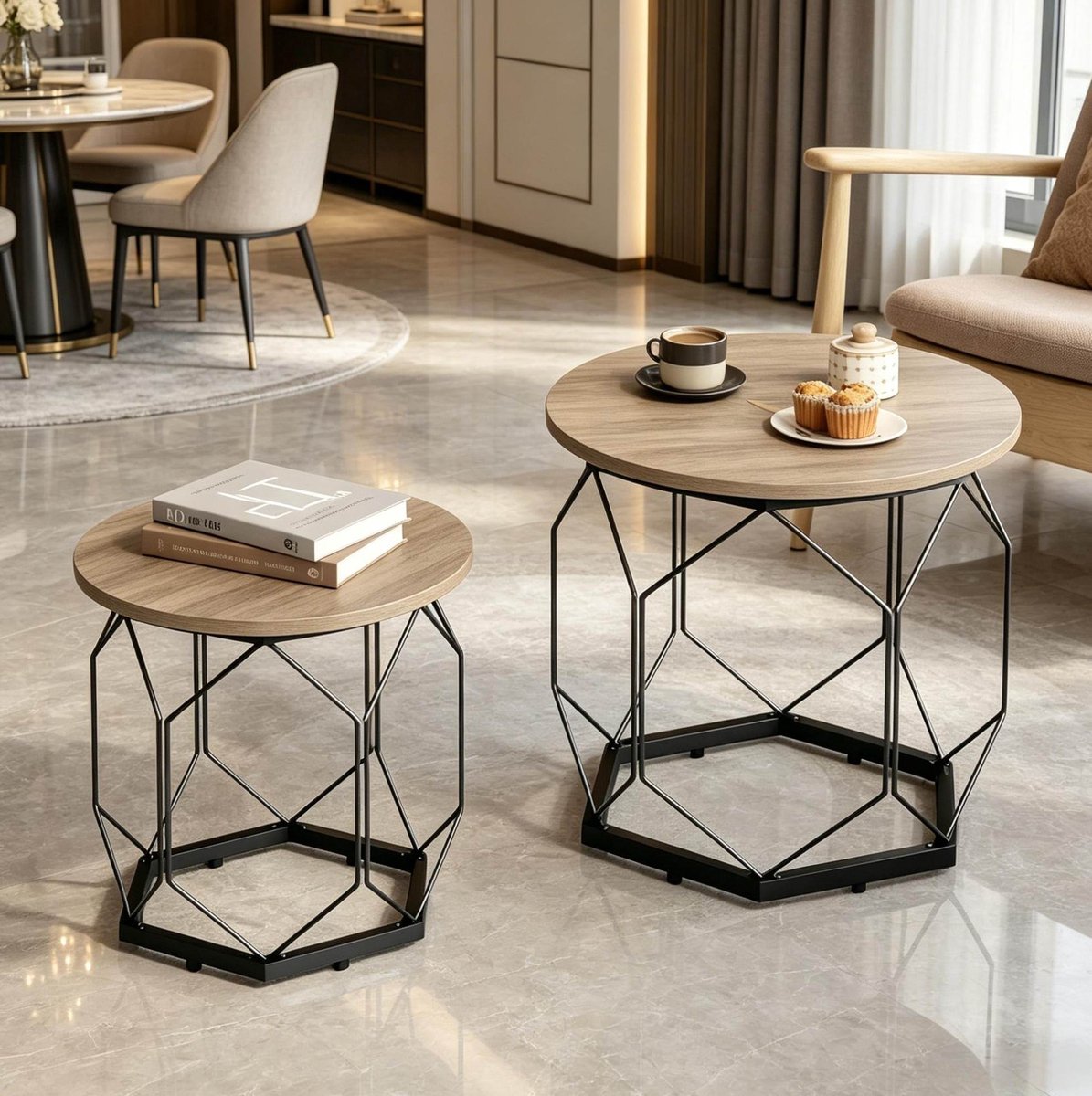 Salontafel Set Van 2 - Ronde Bijzettafels Met Afneembaar Blad En Opbergruimte - Voor Woonkamer En Slaapkamer - Hout En Metaal - Grijs Houtlook