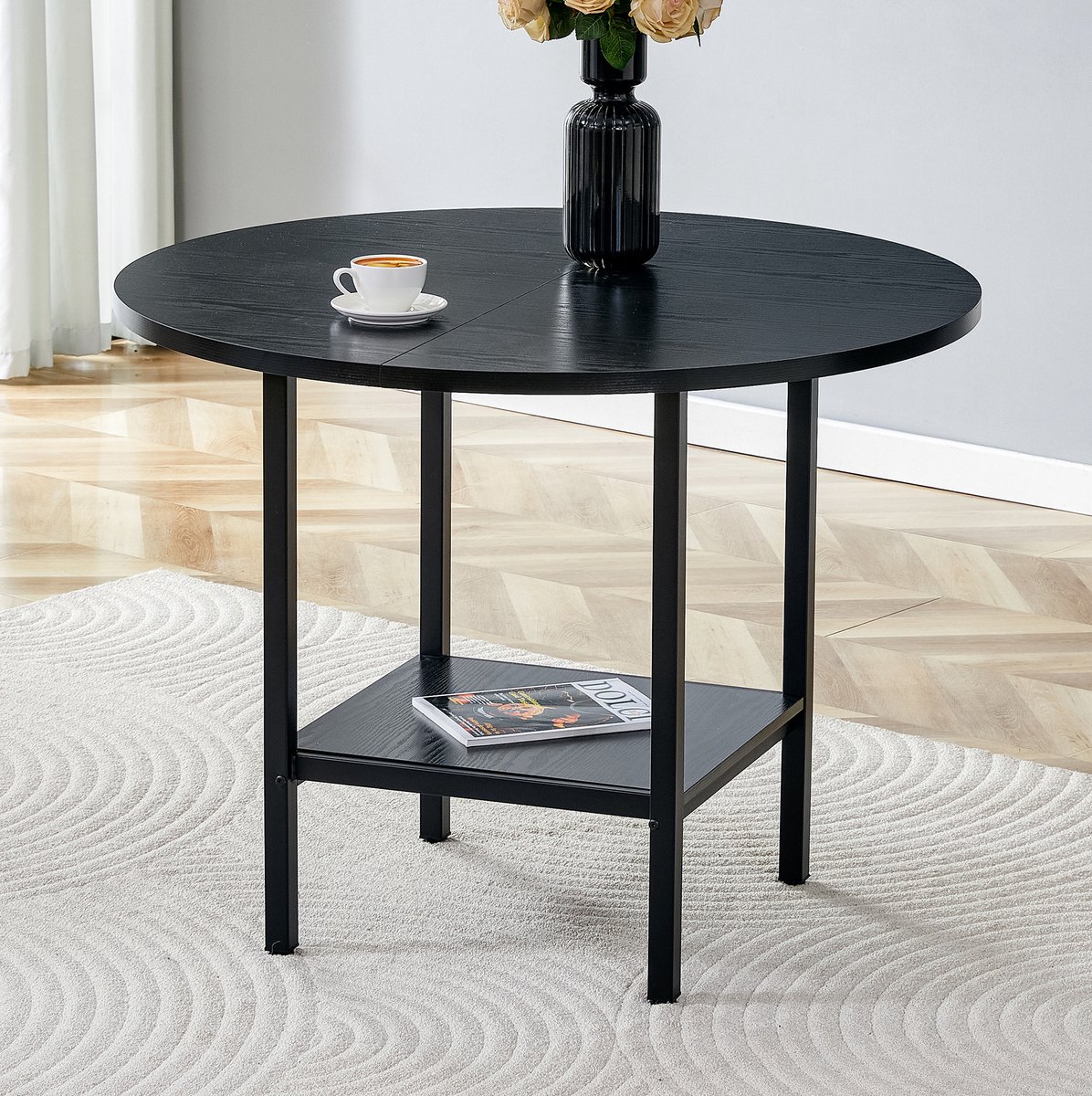 MIVRAY Ronde Eettafel Met Opbergrek - Zwart Houtnerf En Metalen Frame - Voor Keuken En Eetkamer - MDF - 100 Cm - Zwart