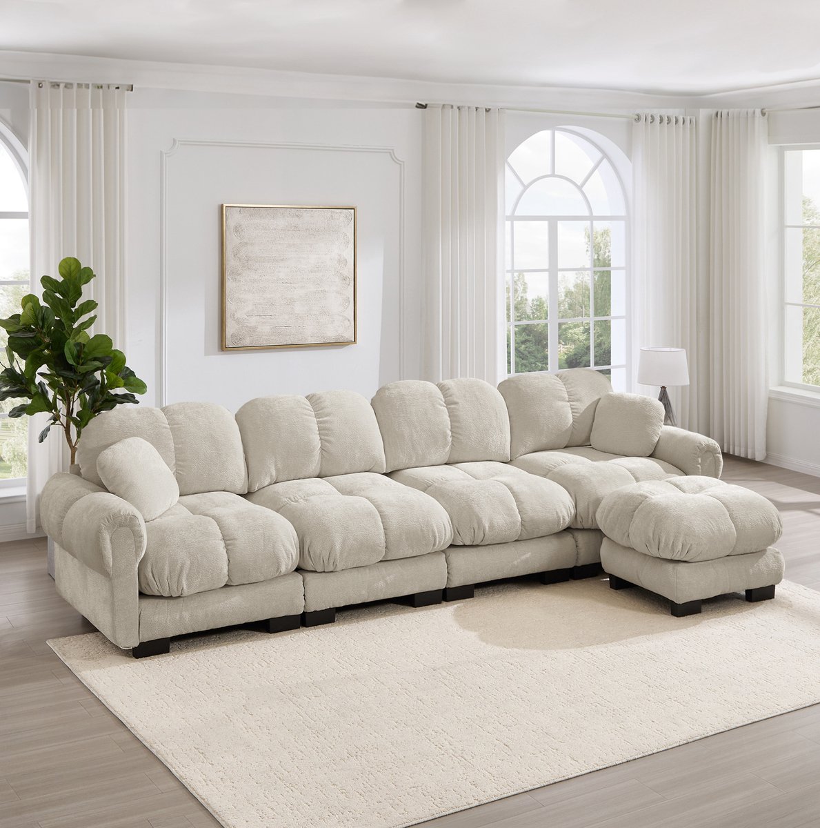 FloraGrace Hoekbank 4-Zits - Modulaire L-Vormige Bank Met Mobiele Ottomane & Sierkussen - Woonkamer - Chenille - Licht Kaki