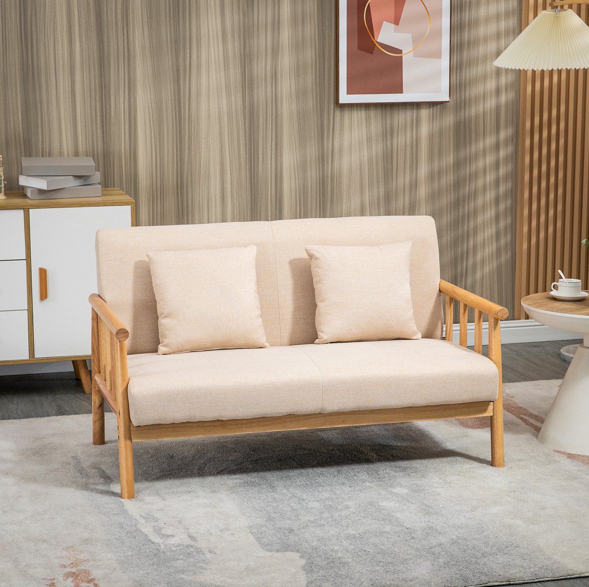 FloraGrace Zitbank 2 Zits 123 Cm Compact Met 2 Kussens En Houtframe Voor Woonkamer En Slaapkamer Polyester Beige