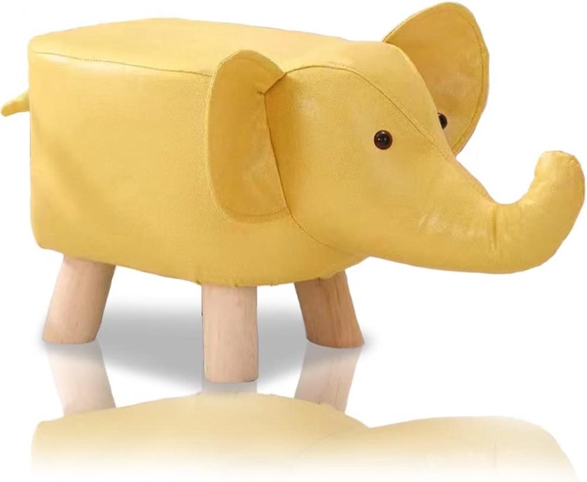 Olifant voetenbankje - Gestoffeerde kruk - Kinderkamer decoratie - Krasbestendig houten frame - 22 x 30 x 28 cm - Mosterd