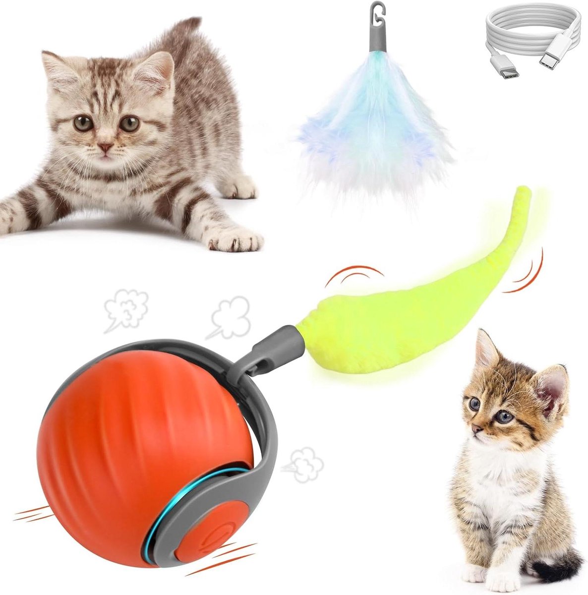 Interactieve Kattenbal - Zelfactief Speelgoed - Stimuleert Beweging - Verwisselbare Staarten - 5 x 5 x 5 cm - Oranje