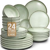 Een gestileerde weergave van de 24-delige mintgroene servies set, inclusief borden en kommen, met een kaart '24 STUKS SERVEERSET 6 PERS'.