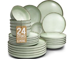Pure Living Rustic Serviesset - Mintgroen - 24-Delig Voor 6 Personen - Massief Aardewerk -…