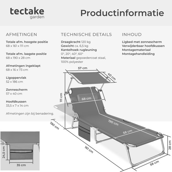 tectake® Ligbed met Zonnescherm - Zonnestoel - Ligstoel - 4 standen- Inklapbaar- Grijs - 68 x 190 x 28 cm - Met Zijvak van TecTake — afbeelding 3