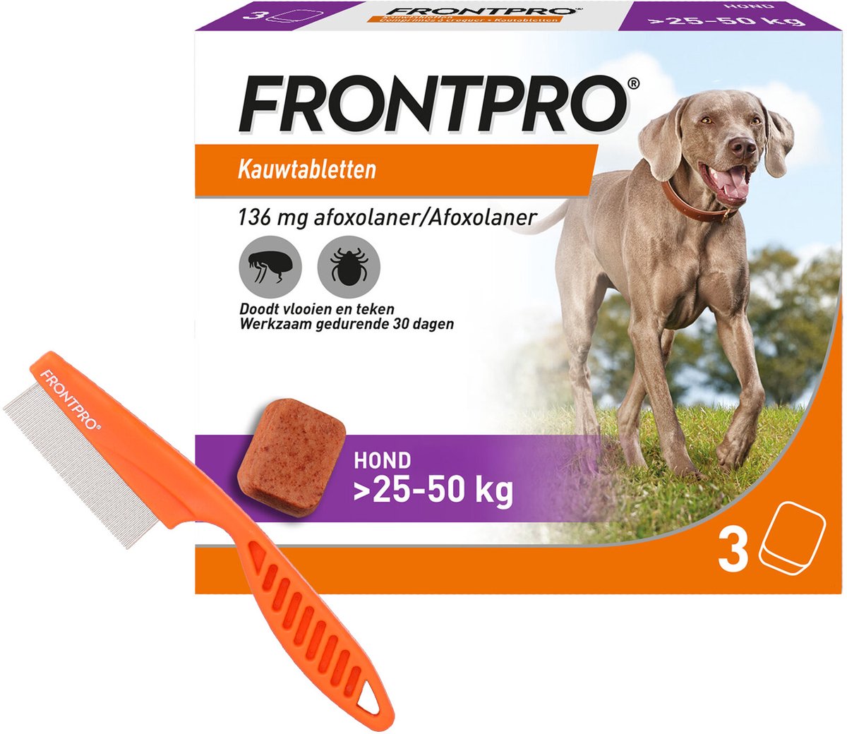 FRONTPRO XL - Vlooien en Teken Hond Tablet - 25 tot 50 kg - 3 Tabletten - Inclusief Vlooienkam