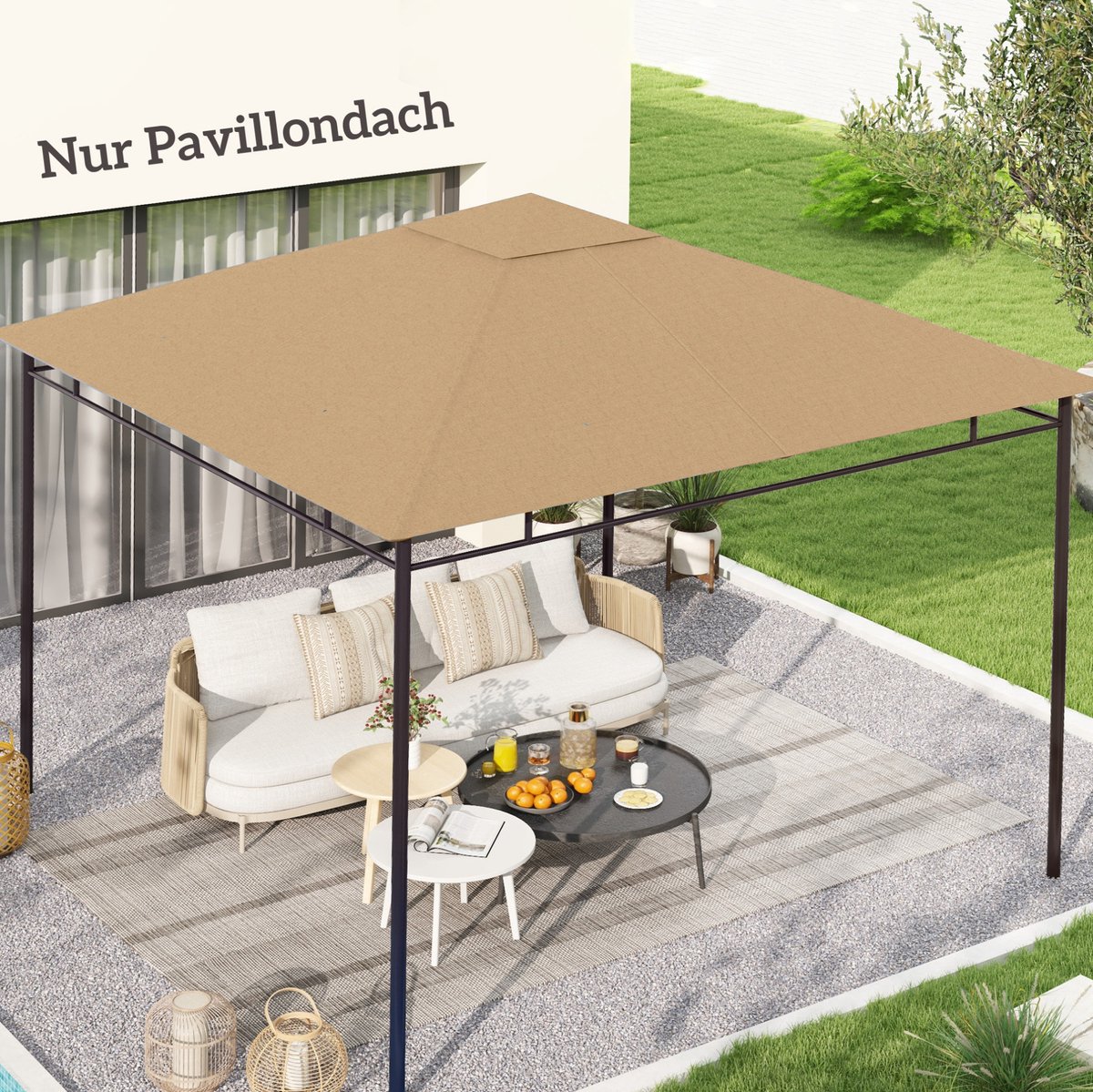 MEUNIQ vervangend pavillondak 298 x 295 cm voor partytent of tuinpaviljoen, polyester met PA-coating, 4 bevestigingskoorden en 8 afwateringsgaten, beige