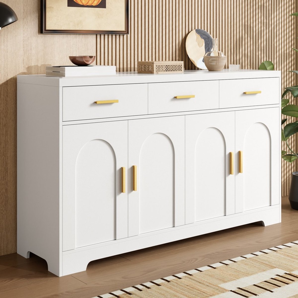 KOMHTOM Dressoir - Wit - 4 Deuren - 3 Lades - Verstelbare Planken - MDF - Gouden Metalen Handgrepen - Woonkamer - Modern - Opbergkast - Sideboard - Commode