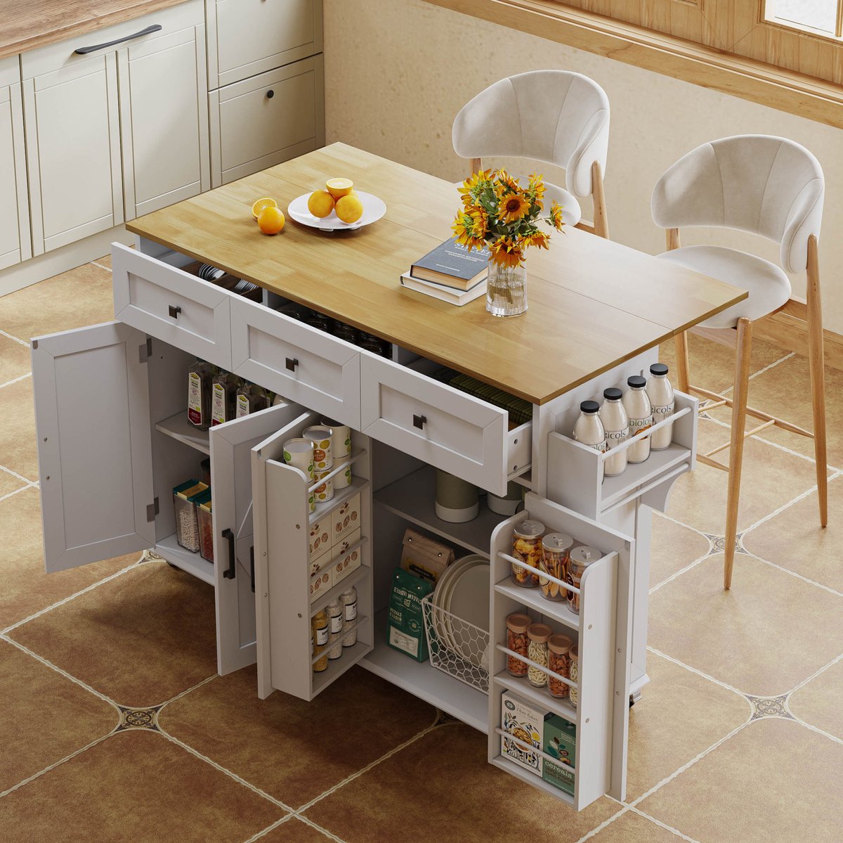 DESMIU Keukenkast - Keukeneiland Met Klapbaar Werkblad - 4 Deuren 3 Lades Voor Keuken En Eetkamer - MDF - Wit Naturel - 140x43(70)x90,5 Cm