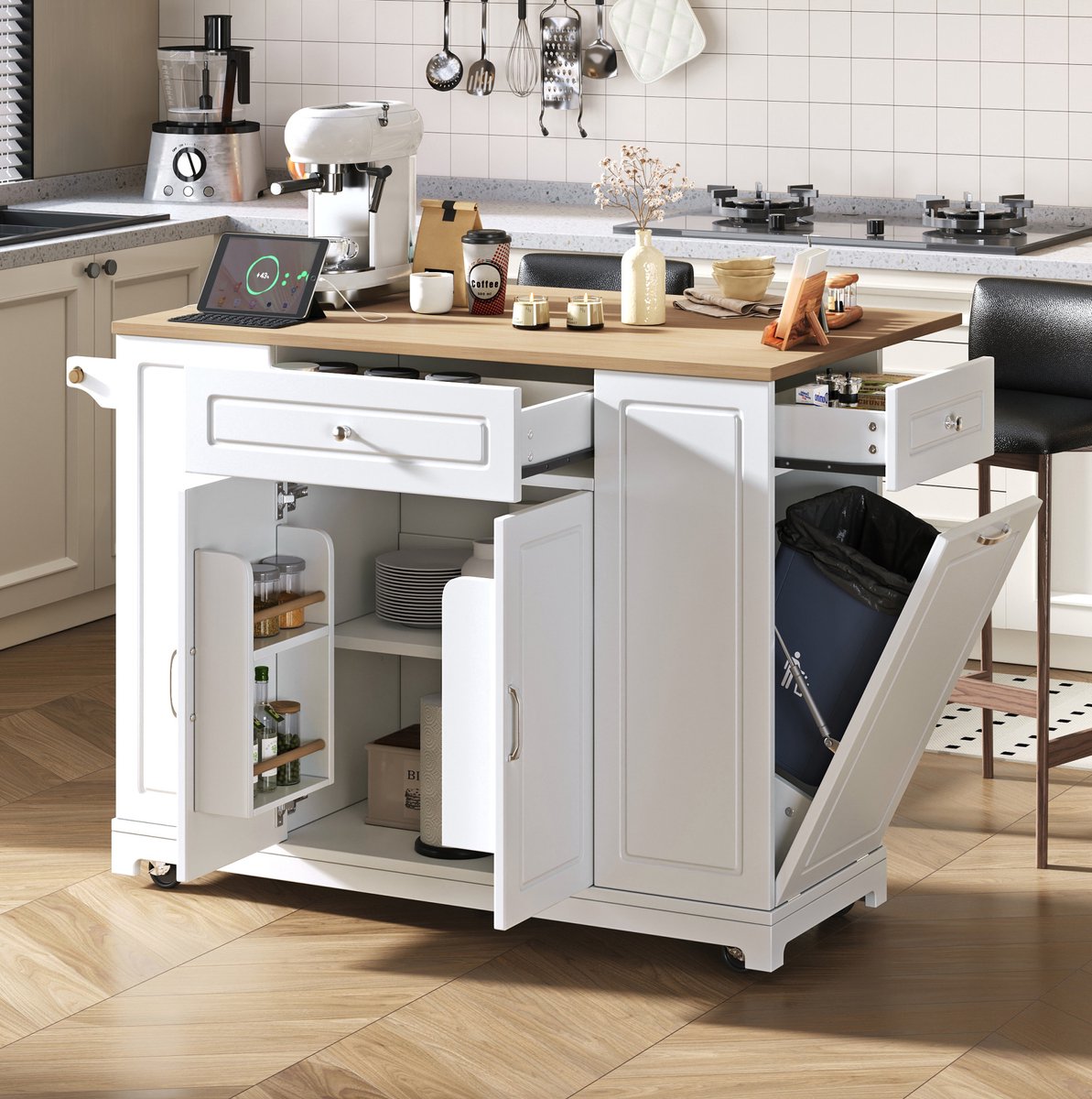 DESMIU Keukeneiland - Uitschuifbaar Werkblad Met Stopcontacten En Wielen - Voor Keuken En Eethoek - MDF - 131,8x40-70x93,3 cm - Wit Naturel