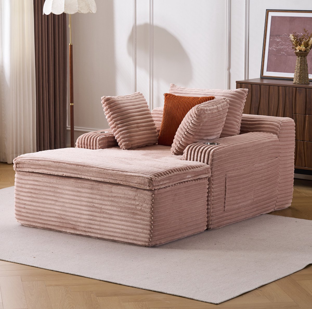 FloraGrace Slaapbank 165 x 112 x 63 cm - Vloersofa Met Chaise Longue, Kussens En Zonder Montage - Voor Woonkamer Of Studio - Corduroy - Roze