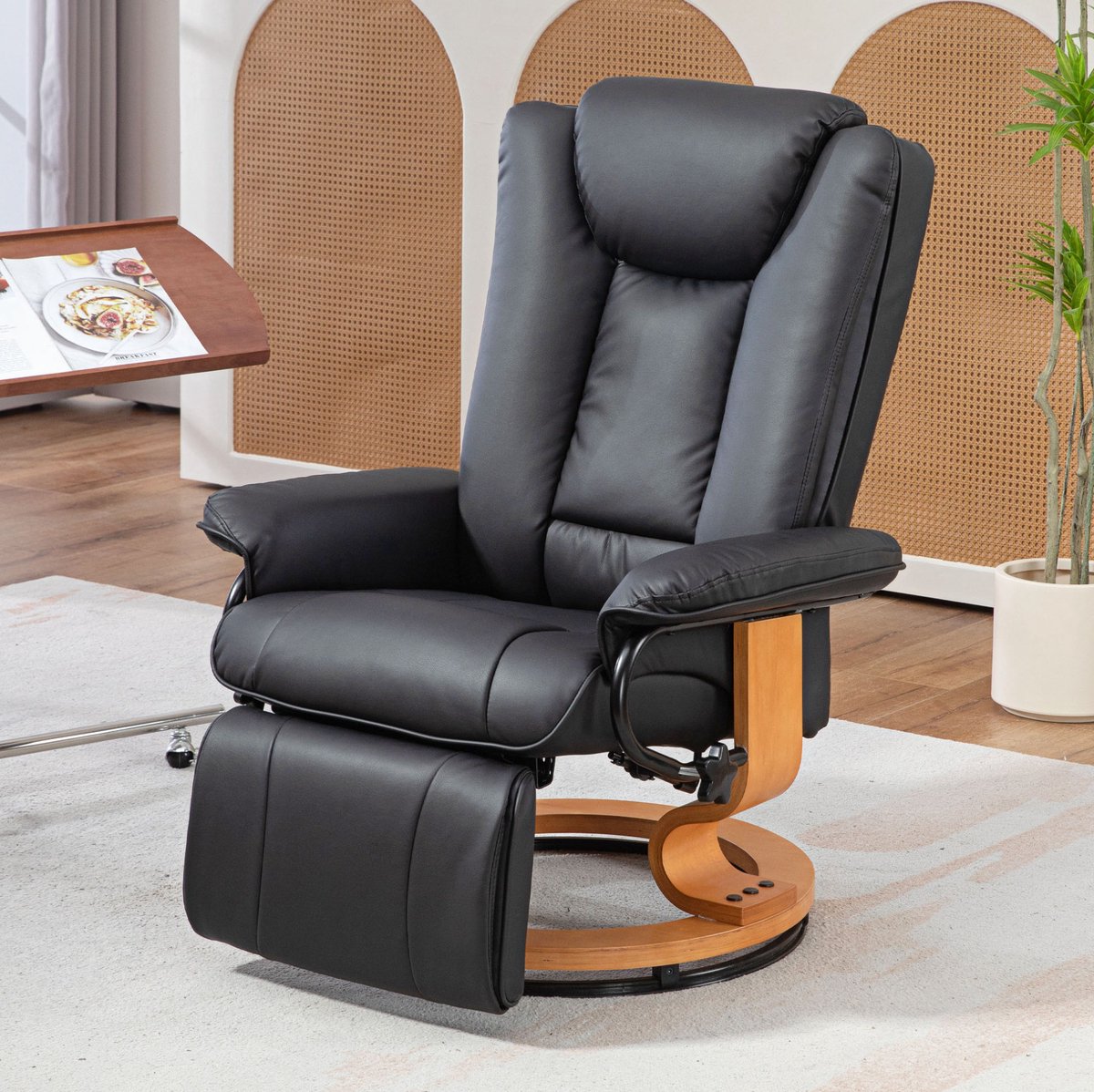 MEUNIQ draaibare relaxfauteuil met handmatige verstelbare rugleuning tot 135°, aparte voetensteun, 360° draaibare tv-fauteuil van kunstleer voor woonkamer, zwart