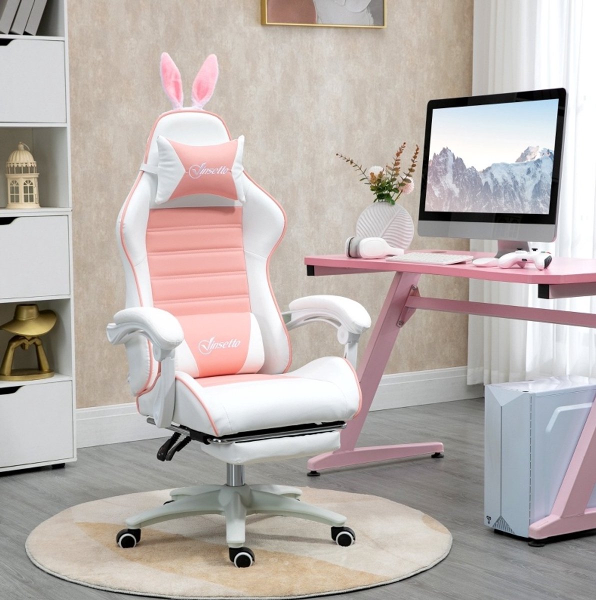 MEUNIQ gamingstoel met voetensteun en hoofd- en lendenkussen, verstelbare zithoogte 44-52 cm, kantelbare bureaustoel voor gamekamer of kantoor, roze