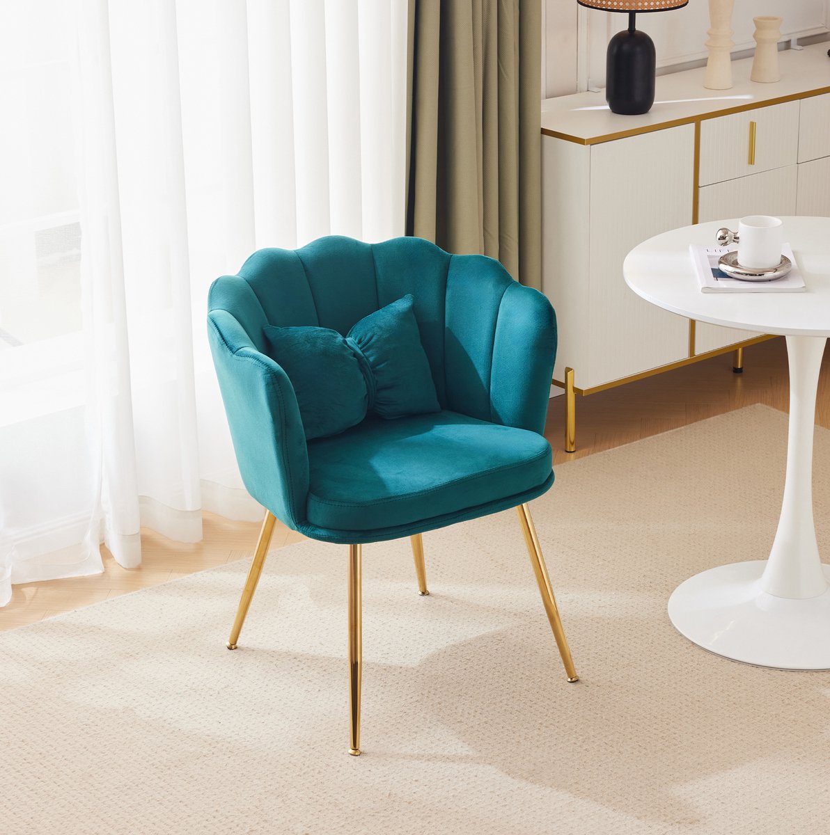 HAUSS SPOLE Fauteuil - Velvet Bloemblad Design - Met Vlinderkussen En Gouden Metalen Poten - Voor Woonkamer En Slaapkamer - Groen