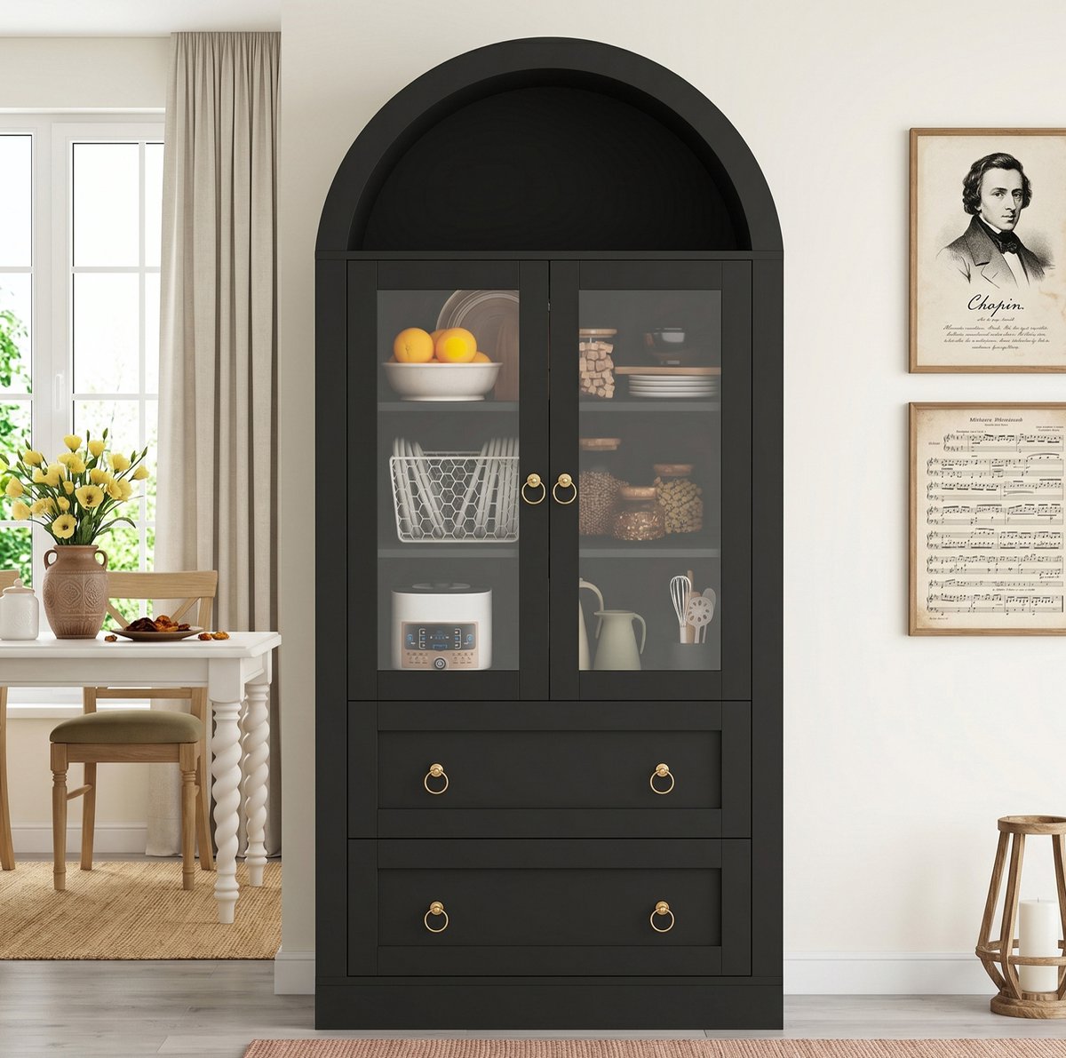 HAUSS SPOLE Buffetkast - Boogvormige Opbergkast Met Glazen Deuren En Laden - Voor Keuken En Woonkamer - Spaanplaat - 80x36x170 Cm - Zwart