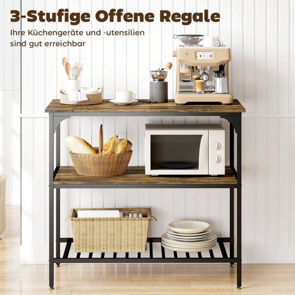keukenrek – keukenrek staand – keukenkast organizer – kruidenrek – 3-laags – robuust stalen frame – rustieke houten planken