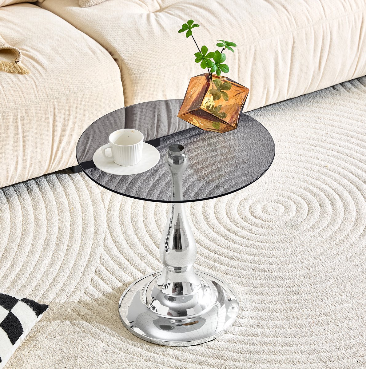 MIVRAY Bijzettafel - Ronde Tafel Van Gehard Glas Met Metalen Onderstel - Modern Voor Woonkamer En Slaapkamer - Zilver - 50 Cm