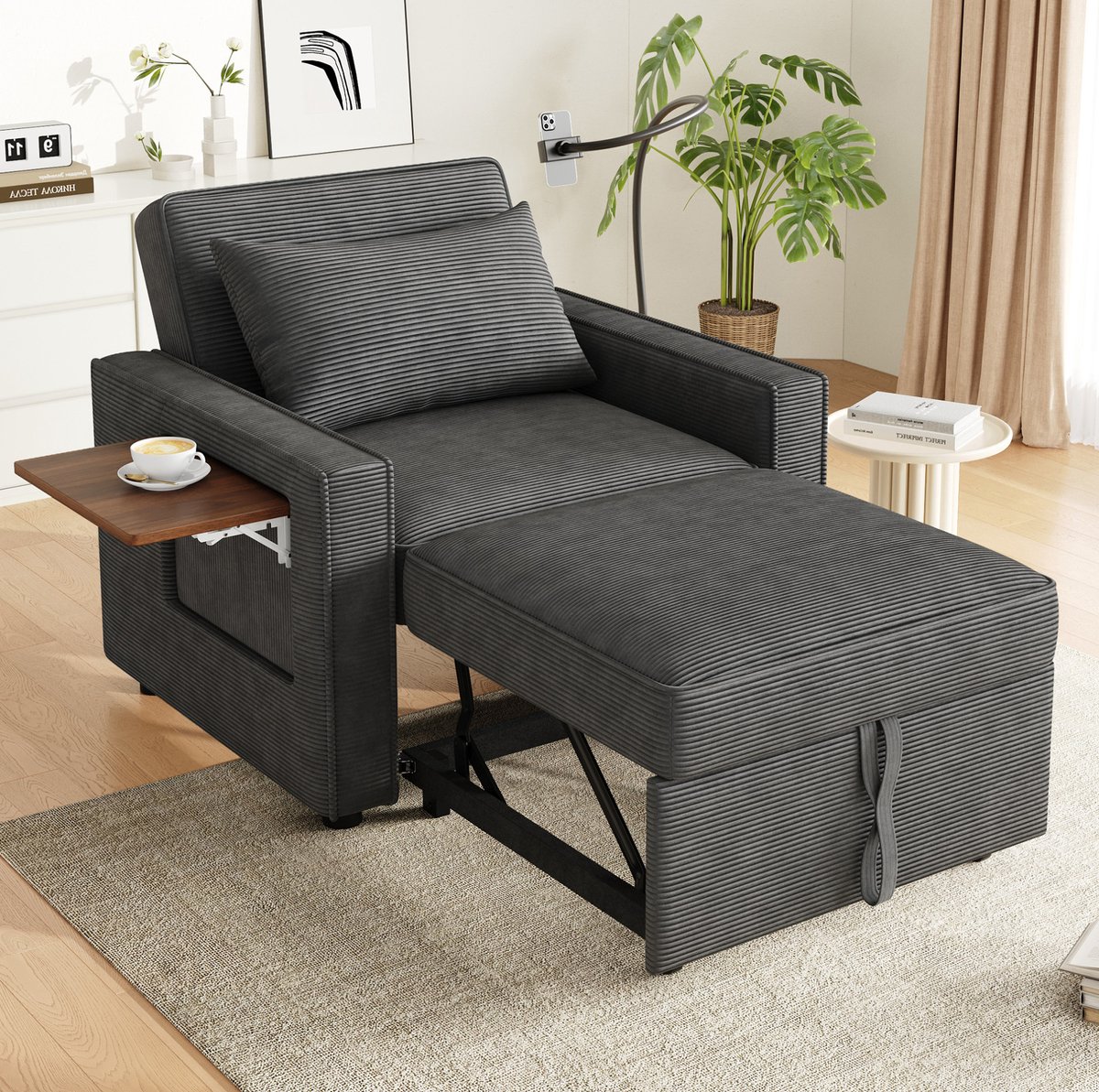 HAUSS SPOLE Fauteuil - 1-Zits Slaapfauteuil - Handmatig Verstelbaar Met USB, Telefoonhouder En Bijzettafel - Corduroy Grijs