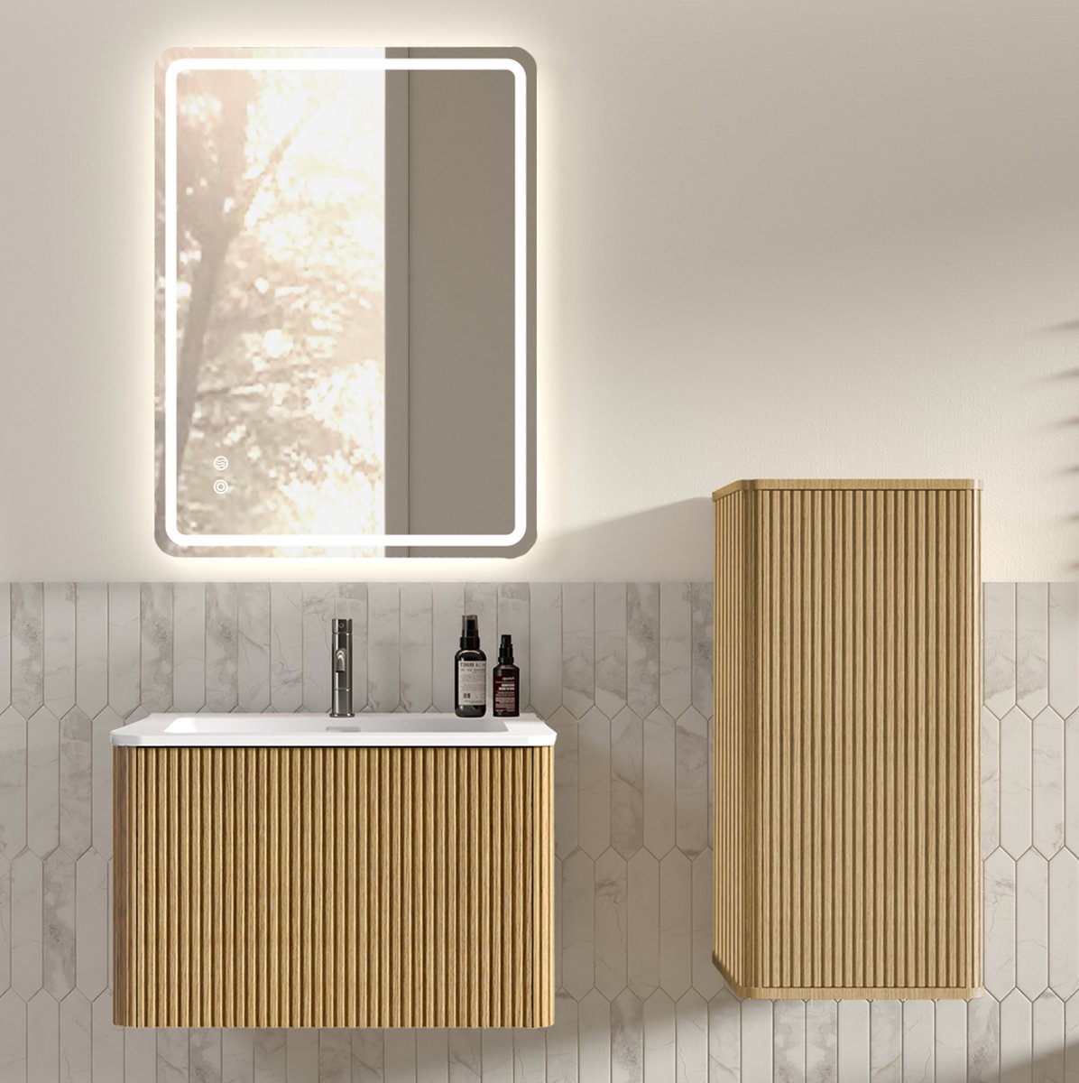 MIVRAY Badkamerkastset - Wandhangend Met Led Spiegel En Wastafel - Met Zijkast Voor Kleine Badkamer - Eikenkleur En Mat Wit - 61x46,5x37 Cm