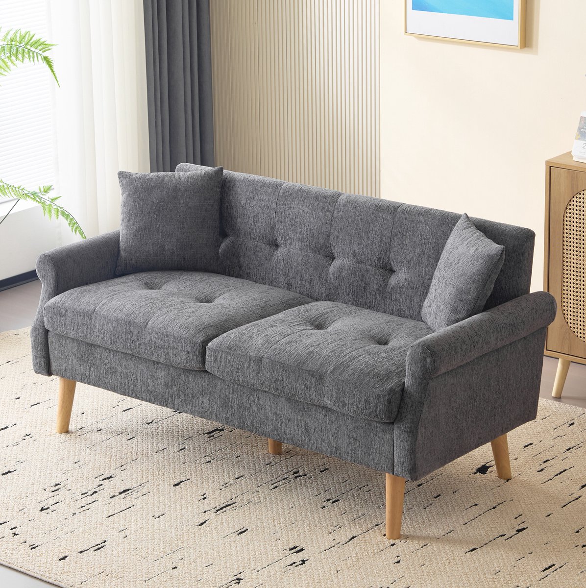 HAUSS SPOLE Zitbank - 2-Zits Loveseat - Met Dikke Kussens En Houten Poten - Voor Woonkamer En Slaapkamer - Chenille Grijs