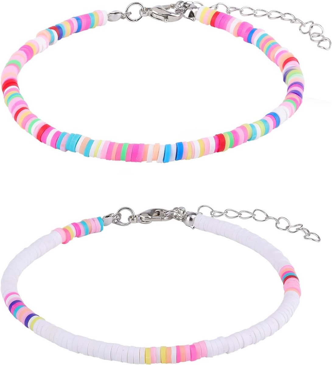 Bohemian Anklet Set van 2 Stuks, Kleurige Beaded Boho Enkelbandjes van Zacht Aardewerk voor Vrouwen en Meisjes (Wit, Multicolor)