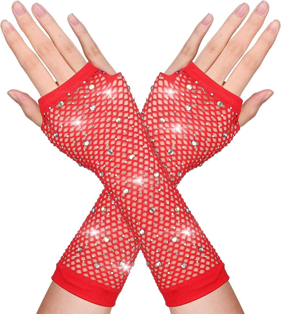 Vingerloze handschoenen met glitters en rhinestones, lange armwarmers voor retro disco, Halloween en masquerade feesten