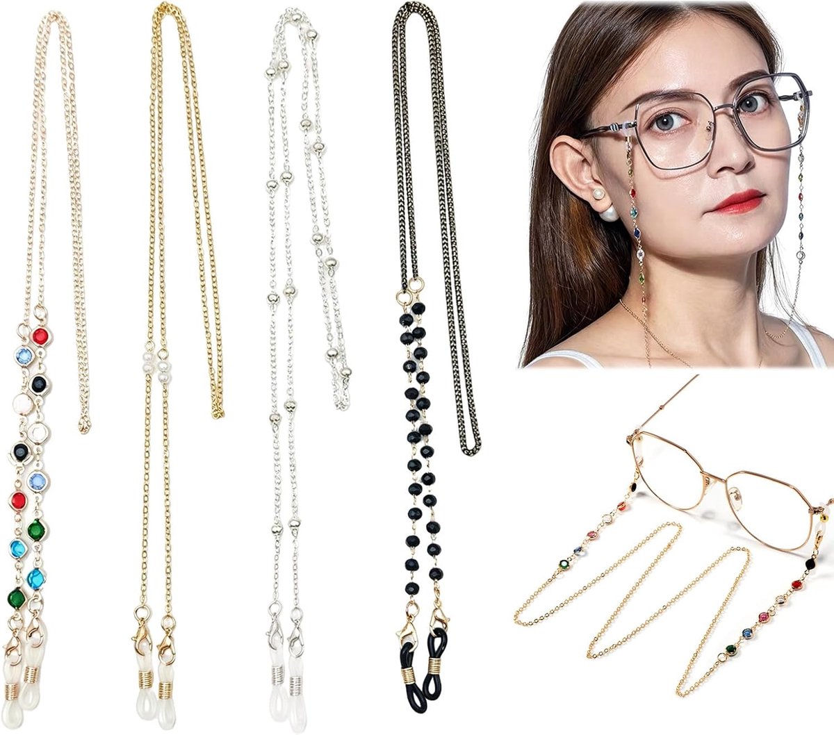 Thijox - 4 Stuks Zonnebrilketting met Antislip Oorhaken, 70 cm Lange Brillenkoord voor Dames en Heren, Zwart, Zilver, Goud, Roségoud - Anti-Verloren L